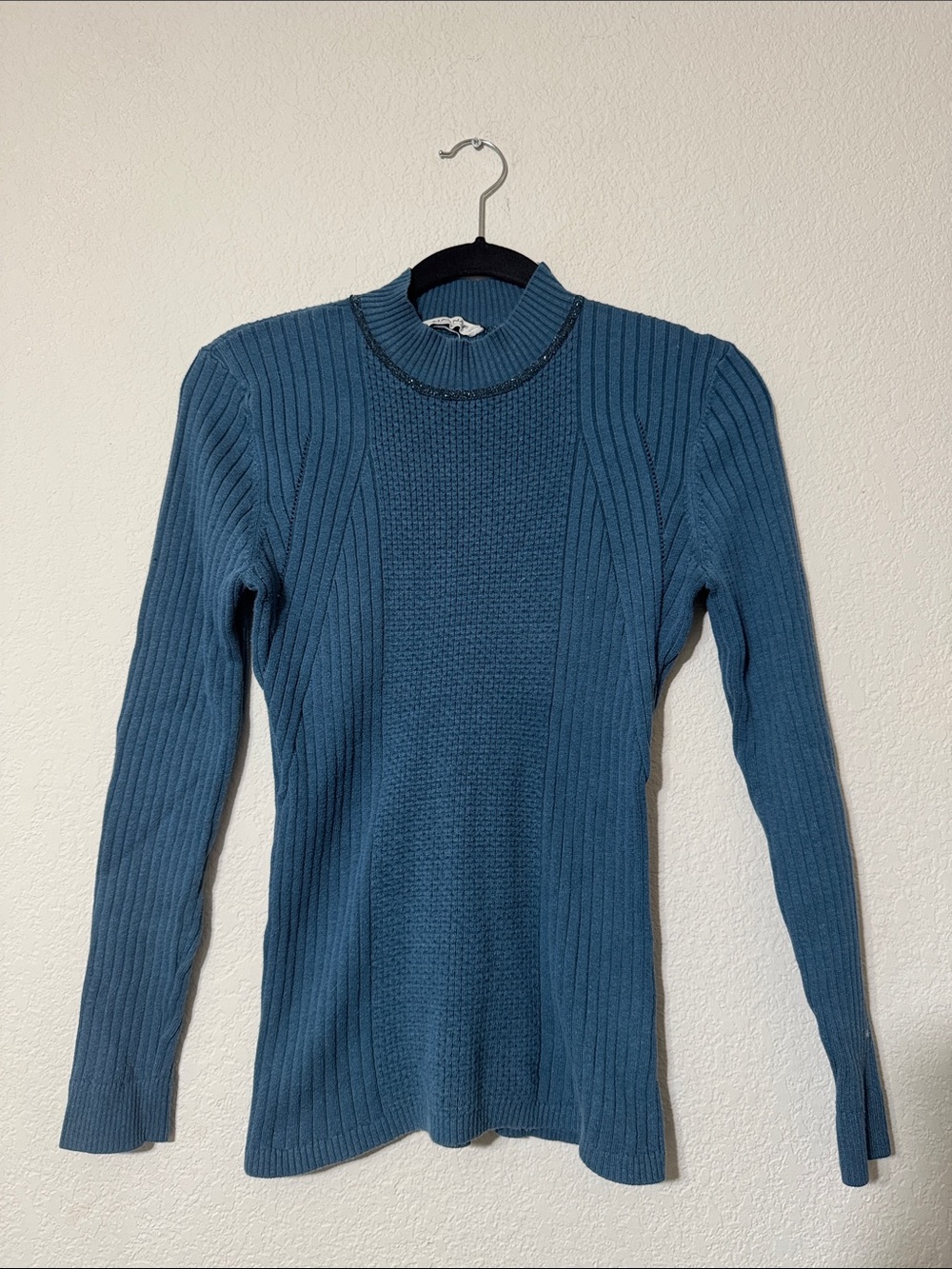NAF NAF Teal Ribbed Mock Neck Sweater